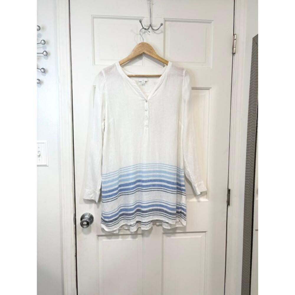 J. Jill Linen Blend Striped Back Pintucks Tunic Top Small White Blue Lagenlook - Picture 2 of 12